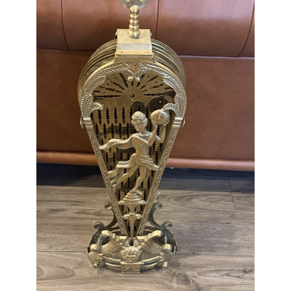 Vintage Art Deco Brass Peacock Fan Fireplace Screen Figural Filigree Goddess - Picture 14 of 16